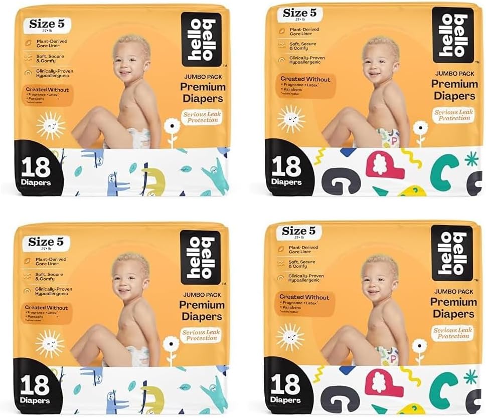 Hello Bello Premium Baby Diapers Size 5 I 72 Count Of Disposable, Extra-Absorbent, Hypoallergenic, & Eco-Friendly Baby Diapers With Snug & Comfort Fit I Alphabet Soup (36) + Sleepy Sloth (36)