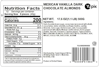 Yupik Mexican Vanilla Dark Chocolate Almonds, 1.1 lb, Gourmet Snack Nuts, Dark Chocolate Covered Almonds, Vanilla, Spicy