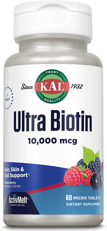 KAL Ultra Biotin 10000mcg ActivMelt, Hair Growth Supplement, High Potency Vitamin B7 for Healthy Hair, Skin, Nails and Energy Support, Vegetarian, Natural Mixed Berry Flavor, 60 Serv, 60 Micro Tablets