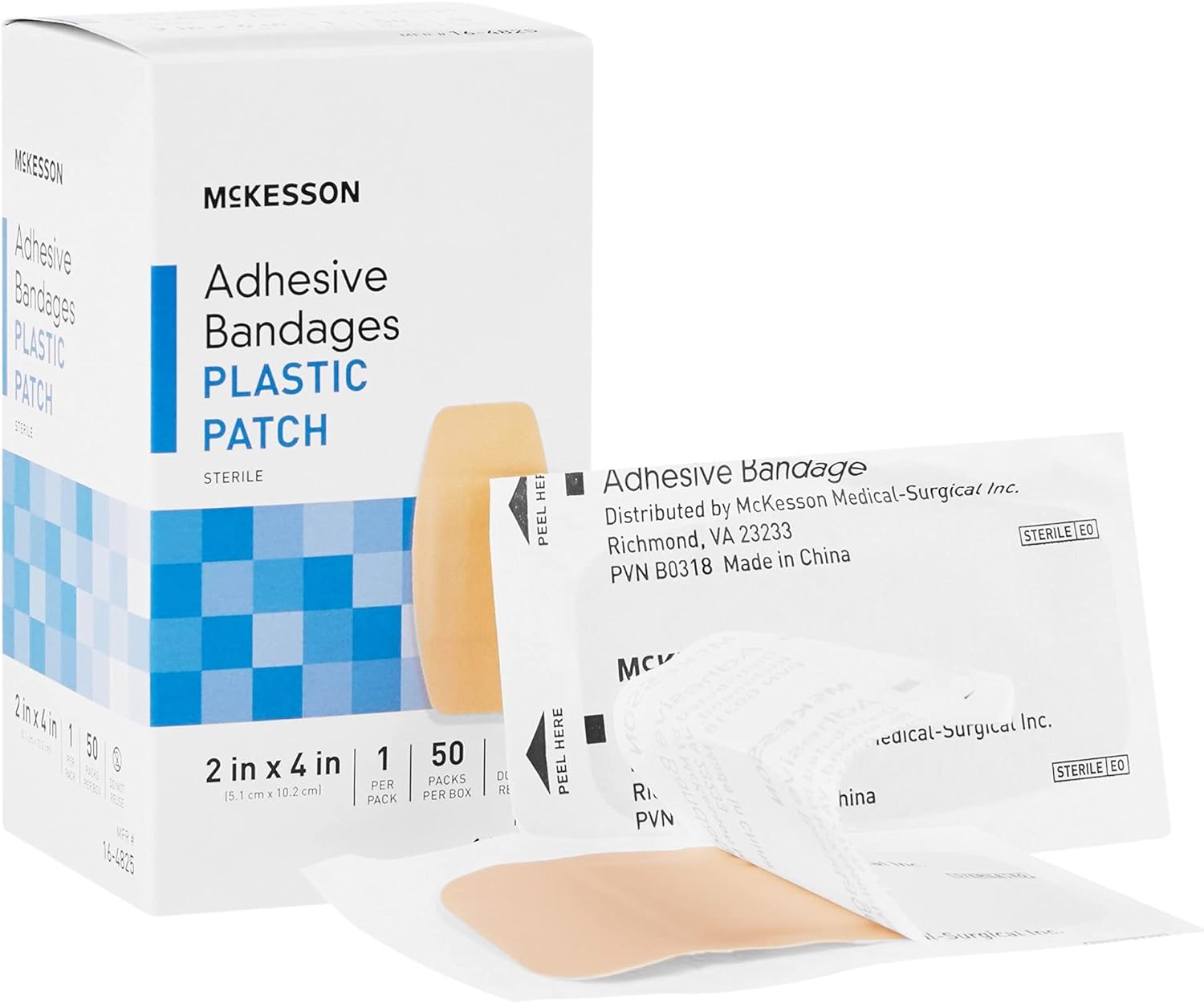 Mckesson Adhesive Bandages, Sterile Plastic Patch Rectangle, Tan, 2 In X 4 In, 50 Count, 1 Pack