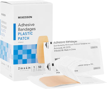 Mckesson Adhesive Bandages, Sterile Plastic Patch Rectangle, Tan, 2 In X 4 In, 50 Count, 1 Pack