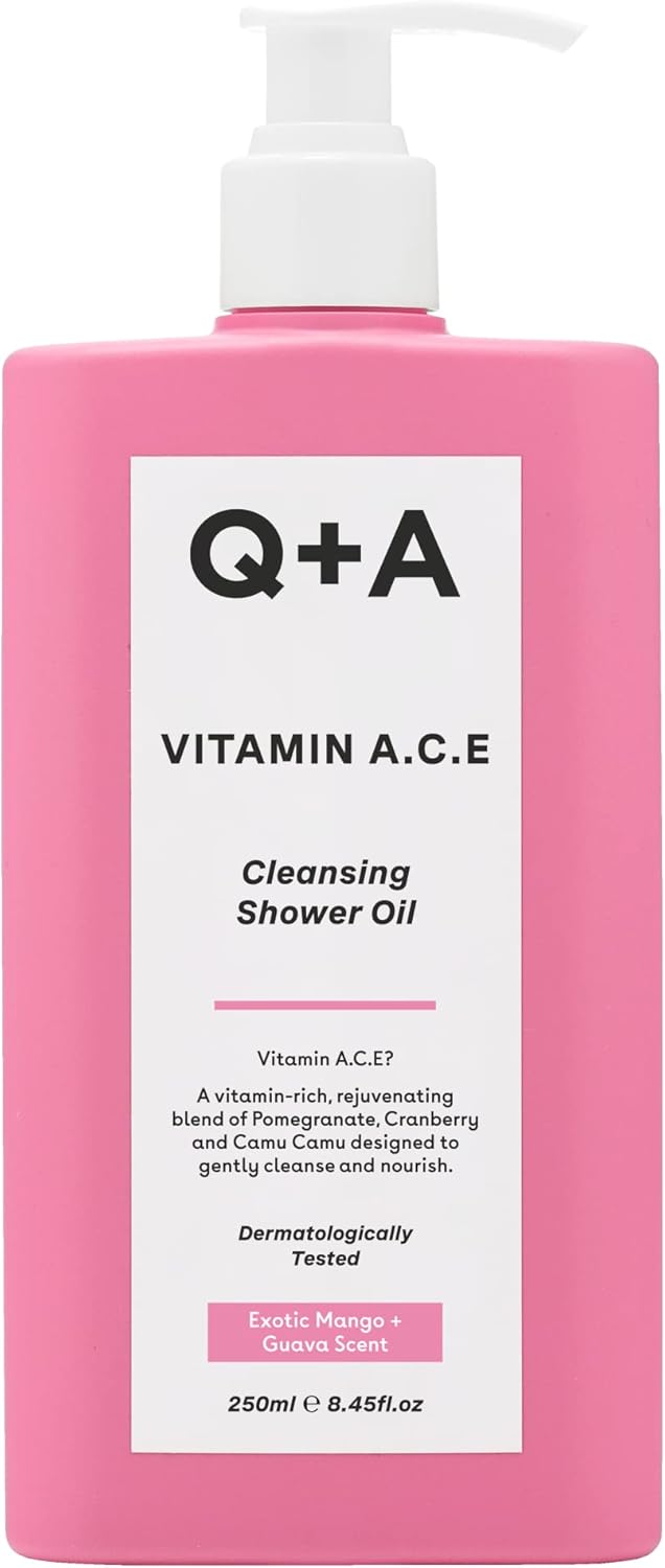 Q+A Vitamin A.C.E Cleansing Shower Oil (250Ml), Cleansing Oil Shower Gel Alternative, Body Care, Hydrating Body Wash With Berry & Sea Buckthorn Oils, Tropical Mango & Guava Scent, Moisturises, Soothes