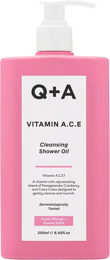 Q+A Vitamin A.C.E Cleansing Shower Oil (250Ml), Cleansing Oil Shower Gel Alternative, Body Care, Hydrating Body Wash With Berry & Sea Buckthorn Oils, Tropical Mango & Guava Scent, Moisturises, Soothes