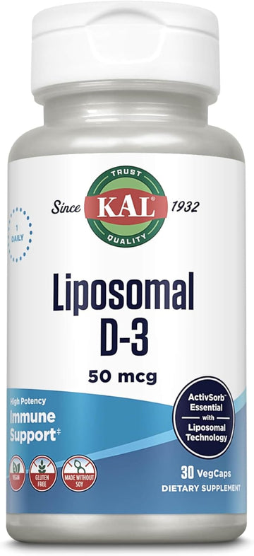 Kal Liposomal Vitamin D3 50 Mcg, High Absorption Vitamin D, Liposomal Technology, High Potency Immune Support, Vegan Capsules, Gluten Free, No Soy, 30 Servings