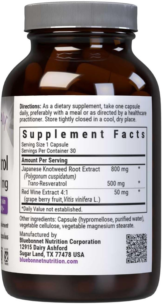 Bluebonnet Nutrition Beautiful Ally Resveratrol 500Mg, Protect Skin Integrity*, Non-Gmo, Vegan, Gluten-Free, Soy-Free, Dairy-Free, 30 Vegetable Capsules, 30 Servings