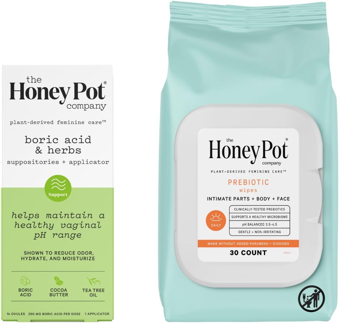 The Honey Pot Company - Suppositories & Prebiotic Feminine Wipes Bundle - Maintains & Balances Healthy Vaginal Ph - Herbal Infused Feminine Hygiene Wipes For Sensitive Skin Types - Free From Parabens