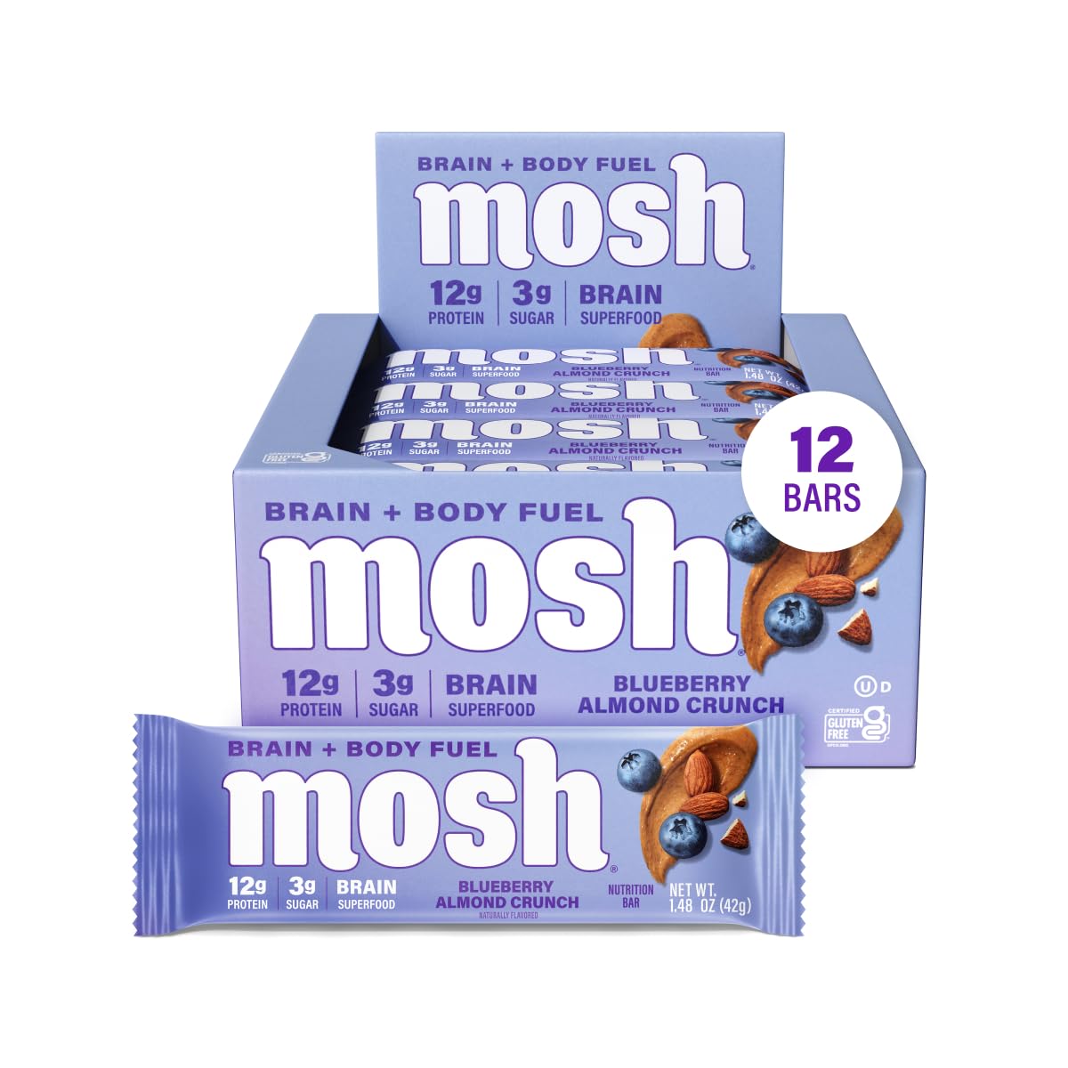 Mosh Blueberry Almond Crunch Keto Protein Bars, High Protein, Gluten Free, Brain Healthy Snack With Ashwagandha And Lions Mane, 12 Count