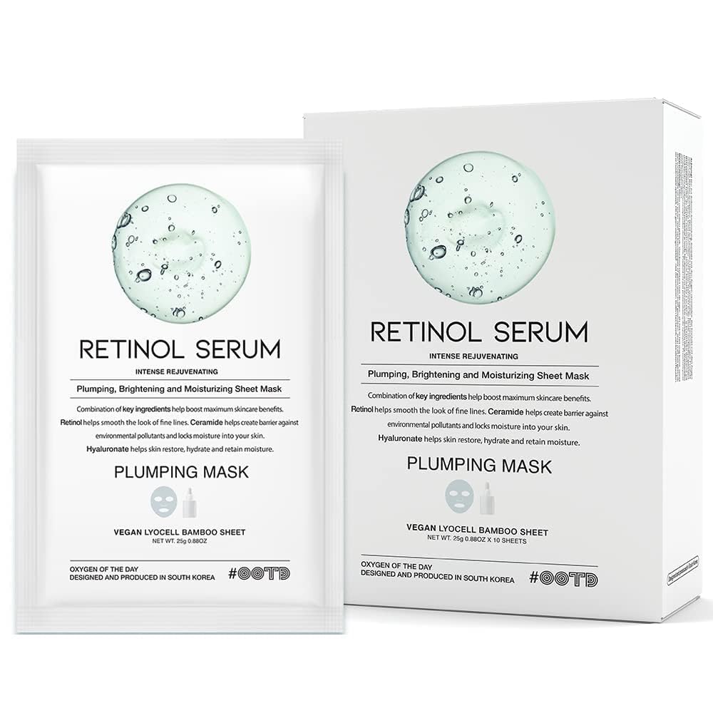 Rejuvenating Retinol Sheet Mask Korean Vegan Wrinkle Lifting, Plumping And Moisturizing Sheet Mask, Retinol, Ceramide, Hyaluronate 10Ea