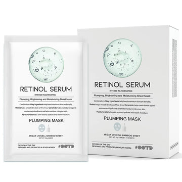 Rejuvenating Retinol Sheet Mask Korean Vegan Wrinkle Lifting, Plumping And Moisturizing Sheet Mask, Retinol, Ceramide, Hyaluronate 10Ea