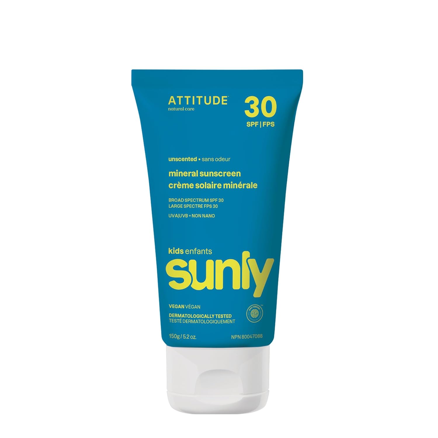 Attitude Mineral Sunscreen For Baby And Kids, Ewg Verified, Broad Spectrum Uva/Uvb, Dermatologically Tested, Plant And Mineral-Based Formula, Vegan, Spf 30, Unscented, 5.2 Oz
