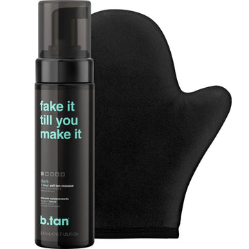 b.tan Dark Self Tanner Kit | Fake It Till You Make It Bundle - Self Tanner Mousse w/Mitt Applicator, 1hr Sunless Tanner, Fast, No Fake Tan Smell, No Added Nasties, Vegan, Cruelty Free, 6.7 Fl Oz