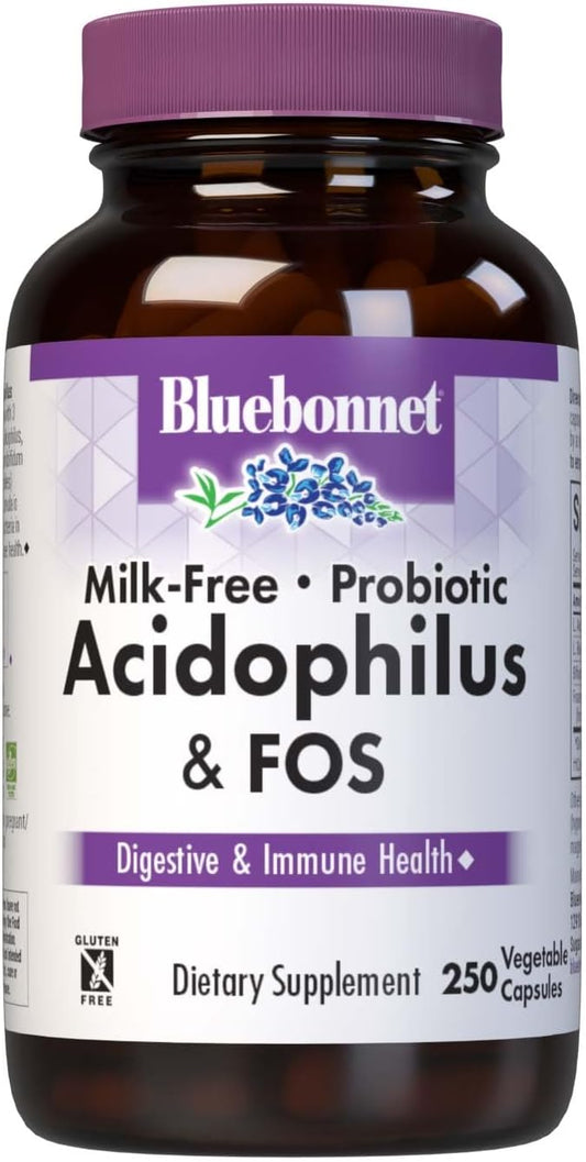 Bluebonnet Nutrition Milk-Free Probiotic Acidophilus & Fos, Digestive Health*, Immune Health*, Gluten-Free, Soy-Free, Dairy-Free, 250 Vegetable Capsules, 250 Servings