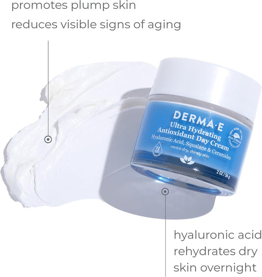 Derma E Ultra Hydrating Antioxidant Day Cream – Face Moisturizer With Hyaluronic Acid, Squalane, And Ceramides To Smooth And Nourish, Hydrating Face Moisturizer For Sensitive Skin, 2 Fl Oz