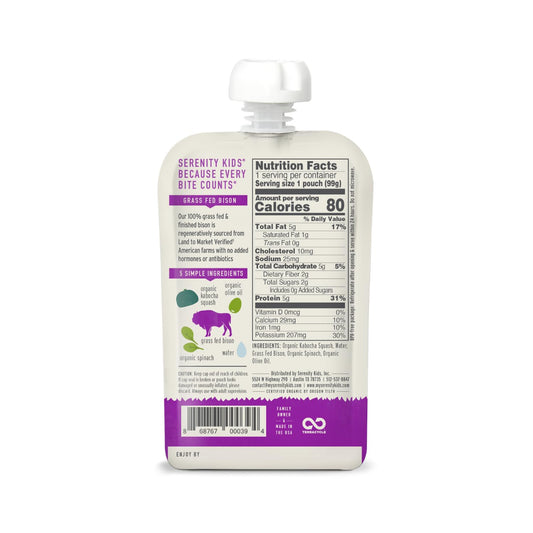 Serenity Kids 6+ Months Baby Food Pouches Puree Made With Ethically Sourced Meats & Organic Veggies | 3.5 Ounce Bpa-Free Pouch | Grass Fed Bison, Kabocha Squash, Spinach | 1 Count