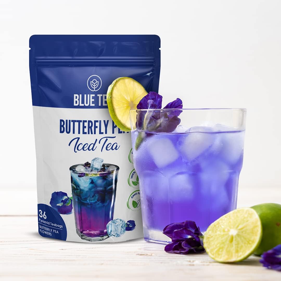 Blue Tea - Butterfly Pea Iced Tea (36 Tea Bags) | Refreshing Tea | Calming Tea - Caffeine Free- Natural Ingredients- Herbal Tea- Flower Based - Vegan - Non-Gmo| Premium Zipper Pouch