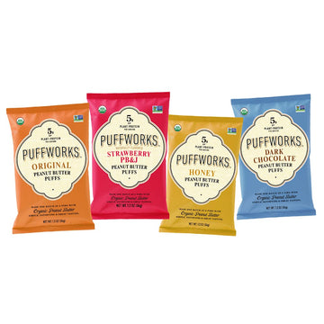 Puffworks Four Flavor Variety Pack Organic Peanut Butter Puffs (Original, Pbj, Dark Chocolate, Honey), Plant-Based Protein Snack, Gluten-Free, Kosher 1.2Oz Ounce (Pack Of 12)