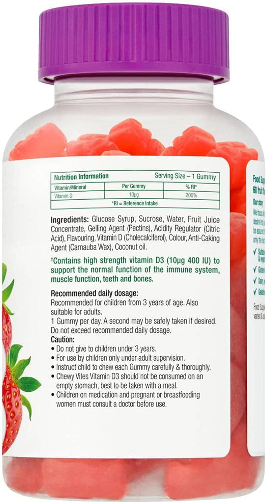 Chewy Vites Kids High Strength Vit D3, 60 Kids Vitamin D Gummies, 10 Mcg 400 Iu Vitamin D3, 2 Months Supply, Vegan, Real Fruit Juice, Age 3 +, Strawberry Flavour (Pack Of 2)