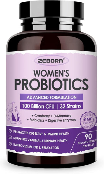 Zebora Probiotics For Women Digestive Health With Enzymes & Prebiotics 100 Billion Cfus| Vaginal Probiotics With D Mannose & Cranberry | Urinary Tract Health | Immune Support, 90 Capsules