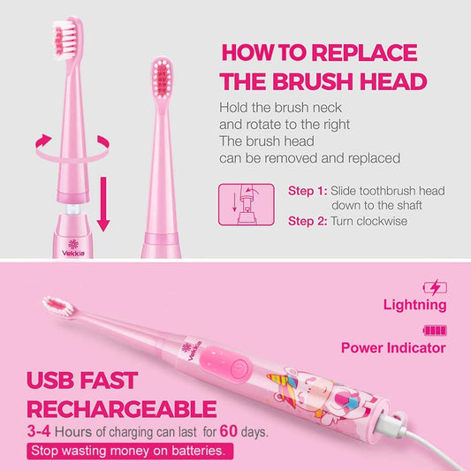 Vekkia Sonic Rechargeable Kids Electric Toothbrush, 3 Modes with Memory, Fun & Easy Cleaning, 24000 Strokes, IPX7 Waterproof, 2-Min Timer for Age 3+, 4 Soft Bristles(Pink)