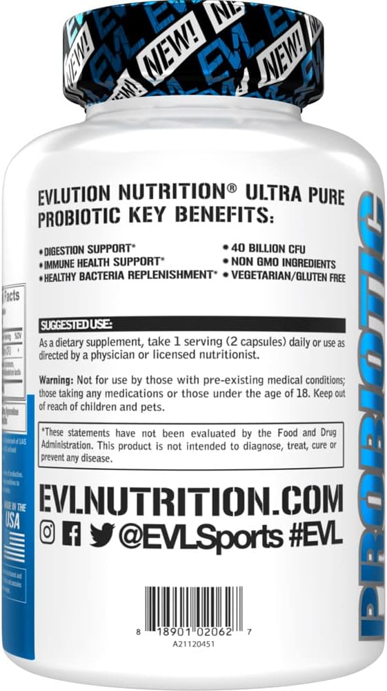 Evlution Nutrition Probiotic - 60 Probiotic Veggie Capsules - 40 Billion CFUs per Serving - Easy to Swallow Probiotic Supplement : Health & Household