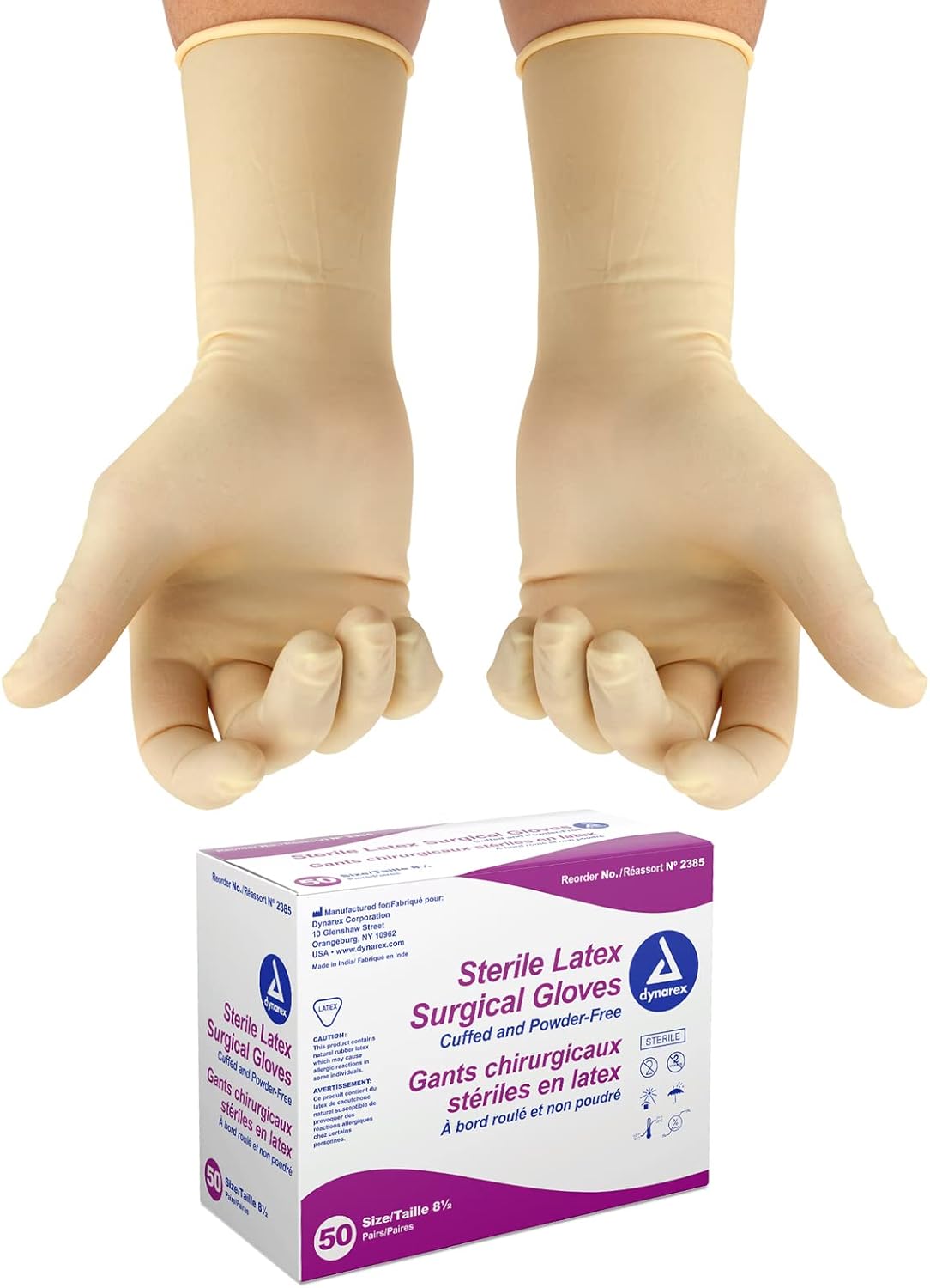 Dynarex Sterile Disposable Latex Surgical Gloves, Powder-Free, Sterilely Packaged In Pairs, Professional Medical And Healthcare Use, Veterinary Clinic, Bisque, Size 8.5, 1 Box Of 50 Pairs Of Gloves