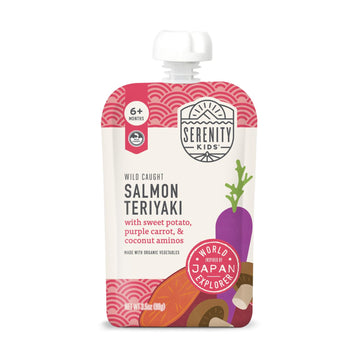 Serenity Kids 6+ Months World Explorers Baby Food Pouches Puree Made With Ethically Sourced Meats & Organic Veggies | 3.5 Ounce Bpa-Free Pouch | Salmon Teriyaki | 6 Count