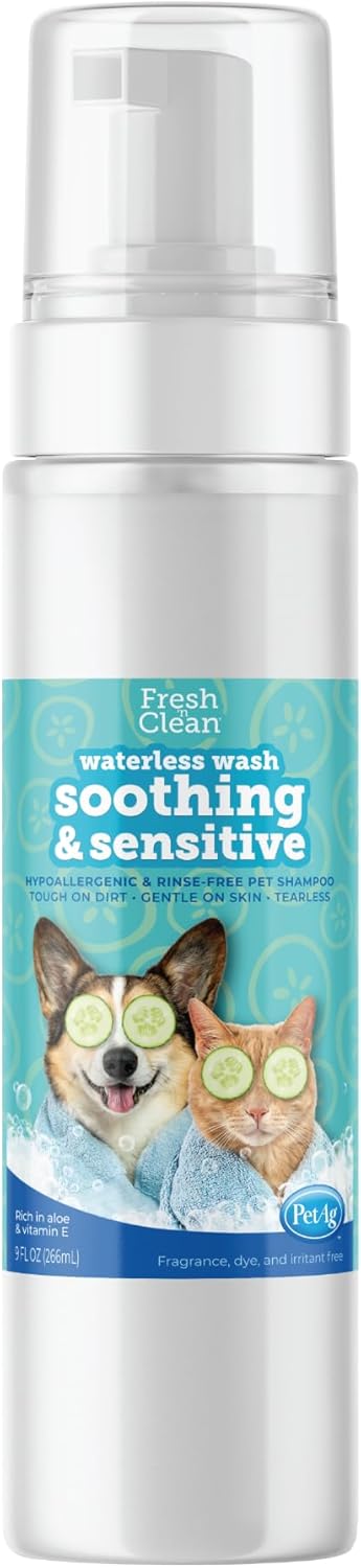 Pet-Ag Fresh ’N Clean Soothing & Sensitive Waterless Wash - 9 Oz - Hypoallergenic & Rinse-Free Pet Shampoo For Dogs, Cats & Small Animals - Soap Free - Fragrance Free