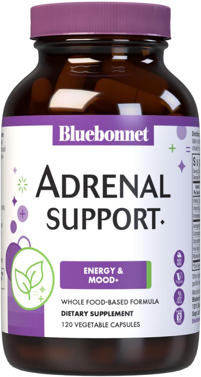 Bluebonnet Nutrition Adrenal Support, Energy & Mood*, Non-Gmo, Vegan, Kosher Certified, Gluten-Free, Soy-Free, Dairy-Free, 120 Vegetable Capsules, 60 Servings