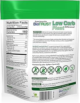 Biotrust Low Carb Plant, Delicious, Creamy, 20 Grams Of Clean, Complete, Plant-Based Protein, 5 Grams Fiber, 15 Superfoods, Digestive Enzymes, Vegan, Dairy-Free - 14 Servings (Chocolate)