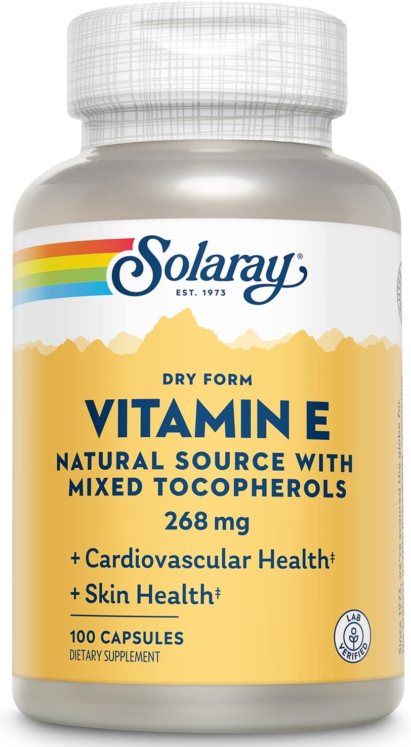 SOLARAY Vitamin E, Dry 400 IU w/Mixed Tocopherols Non-Oily Healthy Cardiac Function, Antioxidant Activity & Skin Health Support 100 Capsules