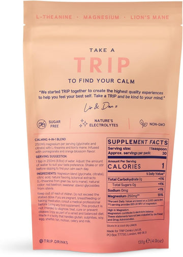 Magnesium Glycinate 4-In-1 Complex - Trip 7500Mg Magnesium Powder With L-Theanine & Lion’S Mane, Delicious Pomegranate Orange Blossom Flavour, Sugar Free, 1 Pack - 30 Drink Mix Servings