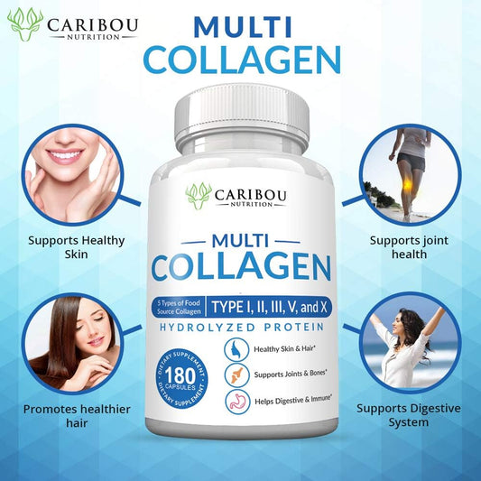 Multi Collagen Pills - 180 Collagen Pills - Type I, Ii, Iii, V & X Collagen Capsules - Unique Blend Of Collagen Peptides Capsules - Wild Fish, Eggshell, Chicken & Grass-Fed Beef Collagen Supplements