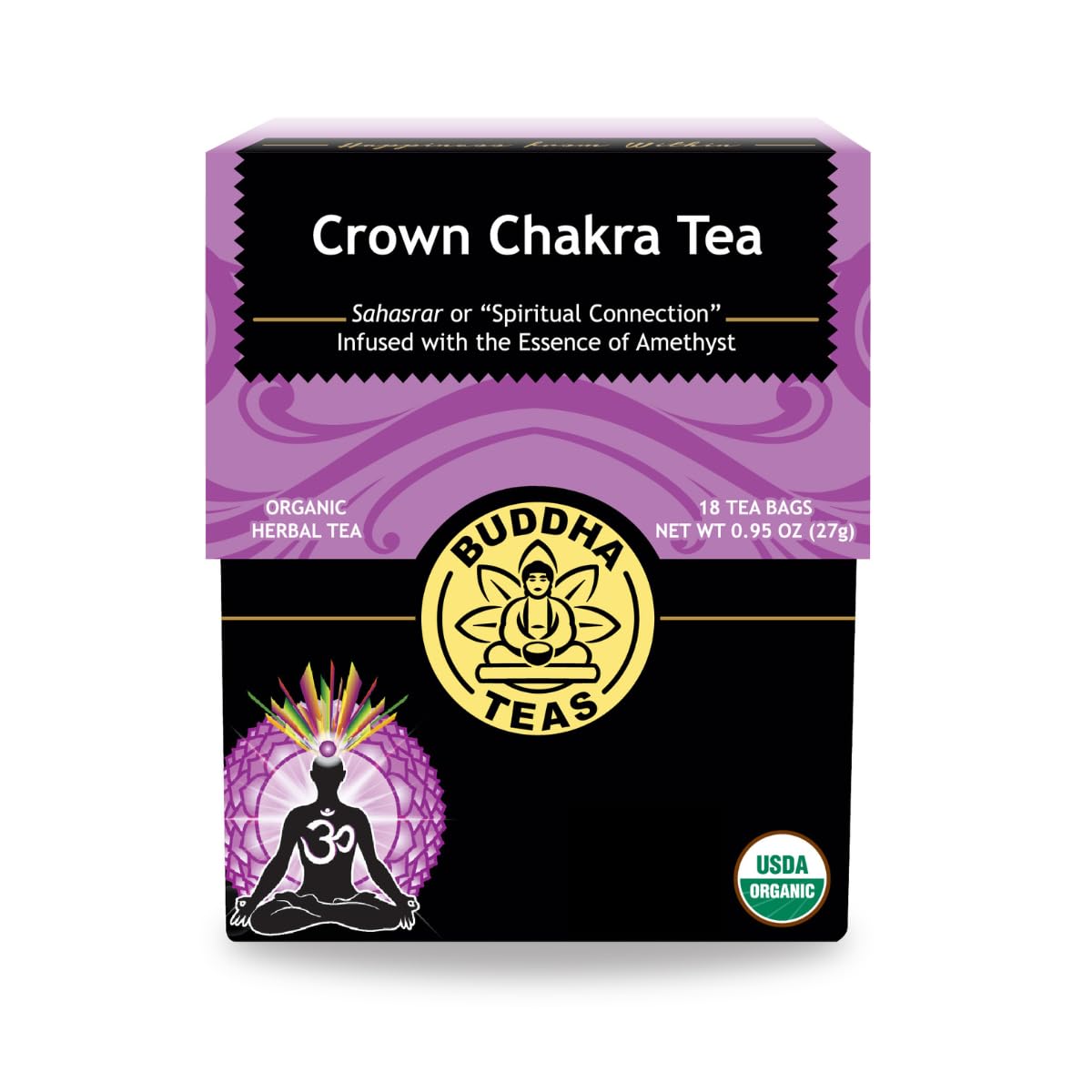 Buddha Teas - Crown Chakra Tea - Organic Herbal Tea - For Spiritual Connection - With Lavender, Gotu Kola Leaf, Rose Petal & Amethyst Essence - 100% Kosher - 18 Tea Bags (Pack Of 1)