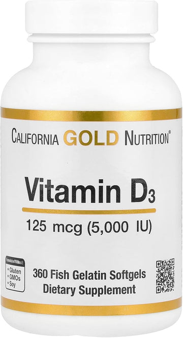 Vitamin D3, 5,000Iu, Cholecalciferol From Lanolin, 125 Mcg, 360 Fish Gelatin Softgels