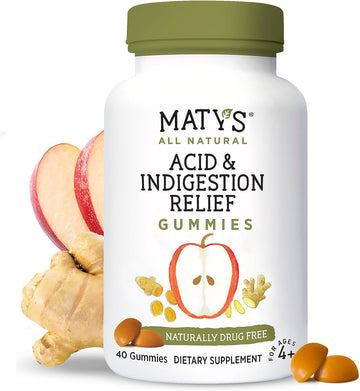 Matys Acid & Indigestion Relief Gummies, Safe Antacid for Occasional Acid Reflux & Heartburn in Adults & Kids 4 Years Old +, Low Sugar, Gluten Free, Vegan Gummy Made with Apple Cider Vinegar, 40 count