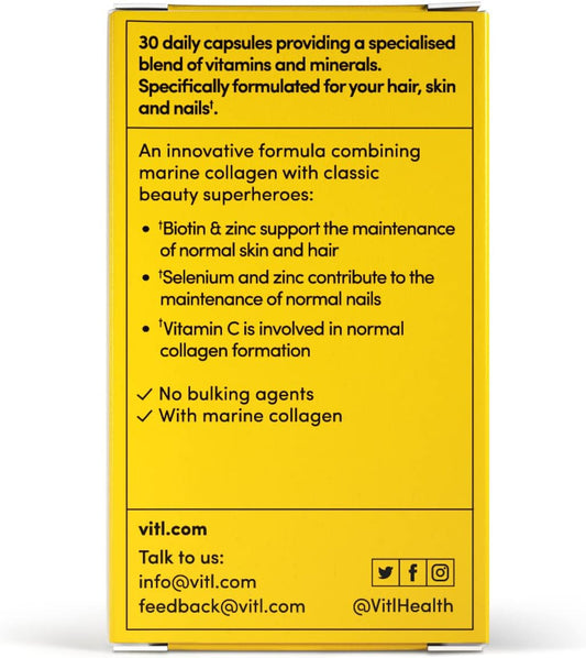 Vitl Hair, Skin & Nails + Collagen, A Dose Of Classic Complexion Heroes Such As Collagen, Vitamin E, Biotin And Zinc | 30 Capsules