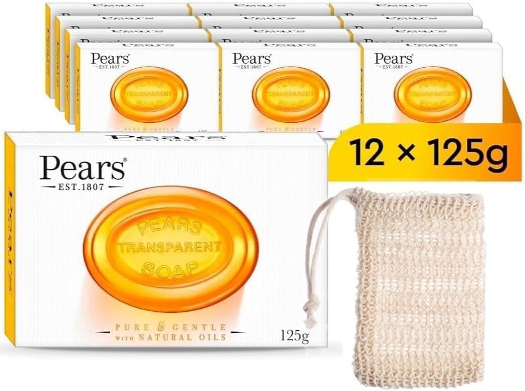 Pears Natural Amber Soap Bars 125G 12 Pack + 1X Soap Bag