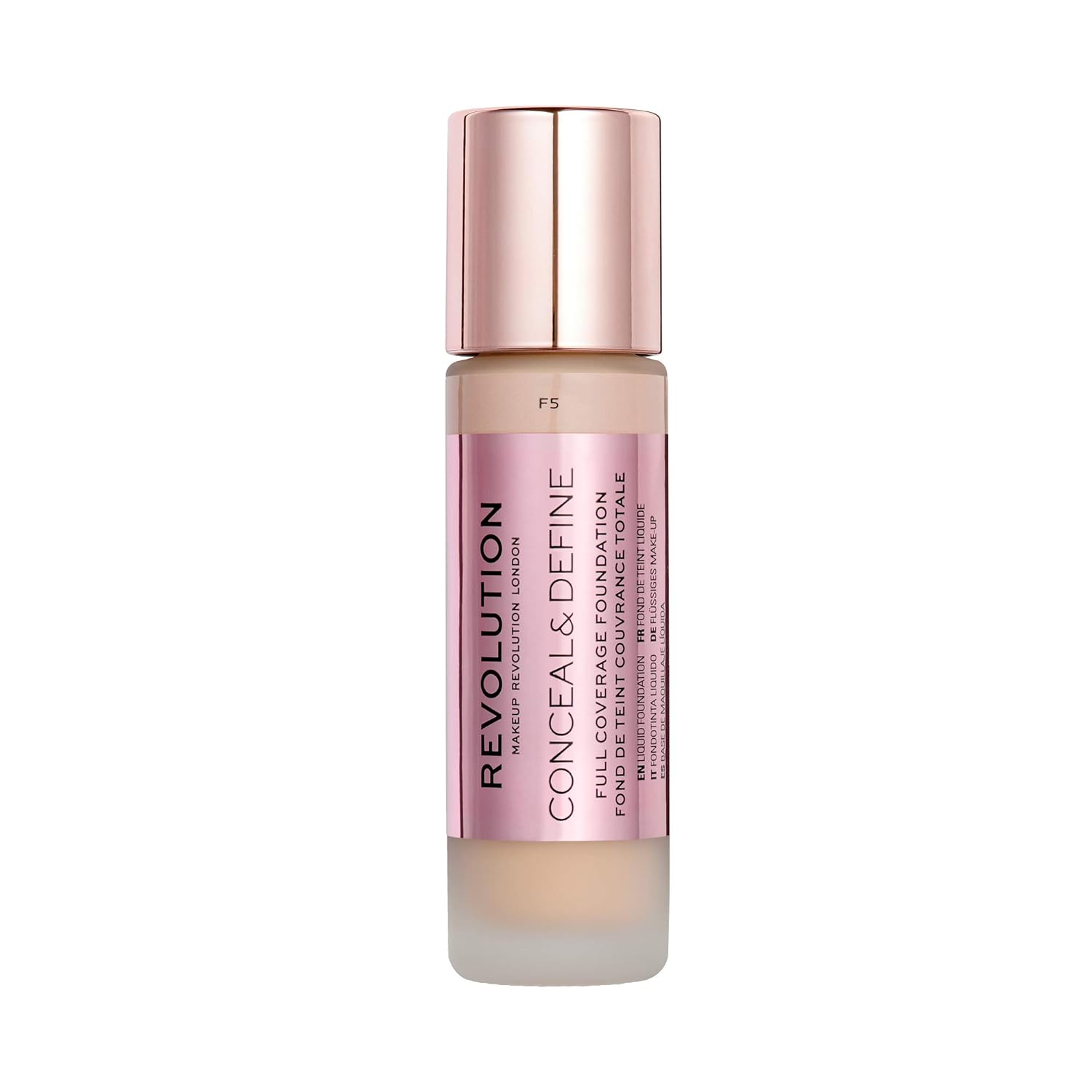 Makeup Revolution Conceal And Define Foundation, Full Coverage & Matte Finish, F5 For Light Skin Tones, Vegan & Cruelty-Free, 0.7 Fl Oz