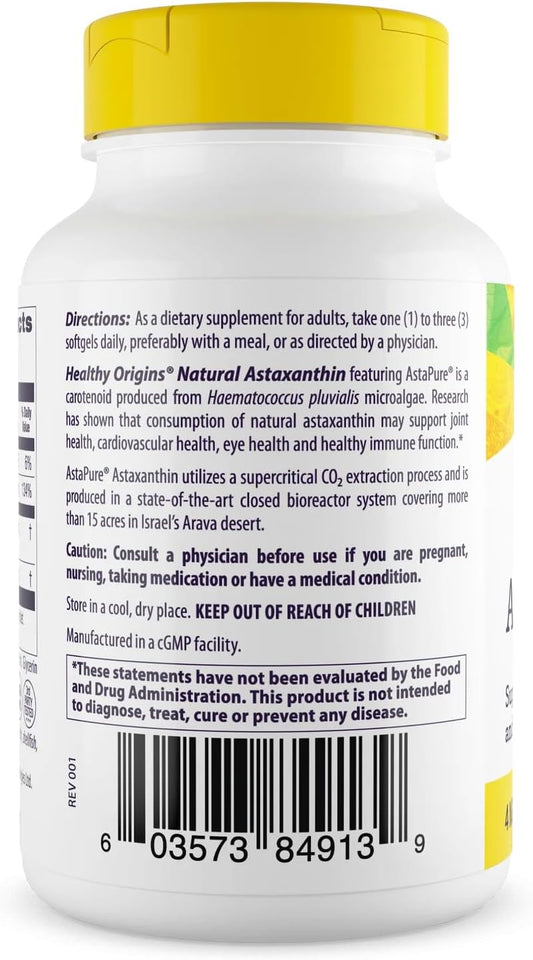 Healthy Origins Astaxanthin 4 Mg (Natural, Astapure, Non-Gmo, Gluten Free, Eye Support, Joint Support, Immune Support), 150 Softgels