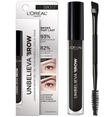 L'Oreal Paris Unbelieva-Brow Longwear Waterproof Tinted Brow Gel, Smudge-Resistant, Transfer- Proof, Quick Drying, Easy And Quick Application With Precise Brush, Black, 0.15 Fl. Oz