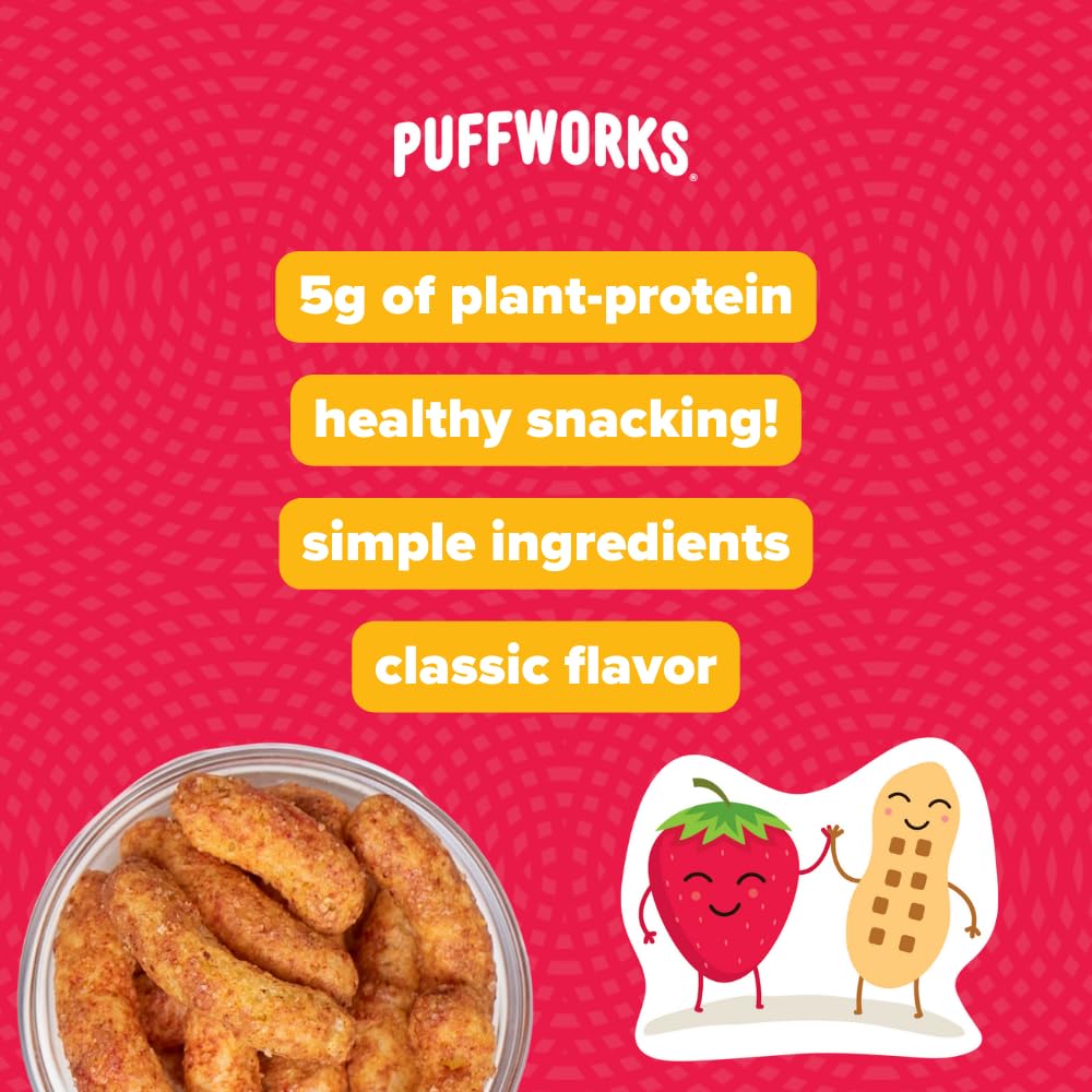 Puffworks Strawberry PBJ Organic Peanut Butter Puffs, 1.2 Ounce (Pack of 6), Plant-Based Protein Snack, Gluten-Free, Vegan, Kosher