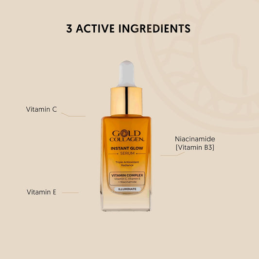 Gold Collagen Instant Glow - Vitamin C, Vitamin E, Glycerine & Niacinamide Serum Pore Minimizer & Moisturiser Skincare, Anti Aging Face Serum Against Wrinkles, Triple Antioxidant Action Skin Care 30Ml