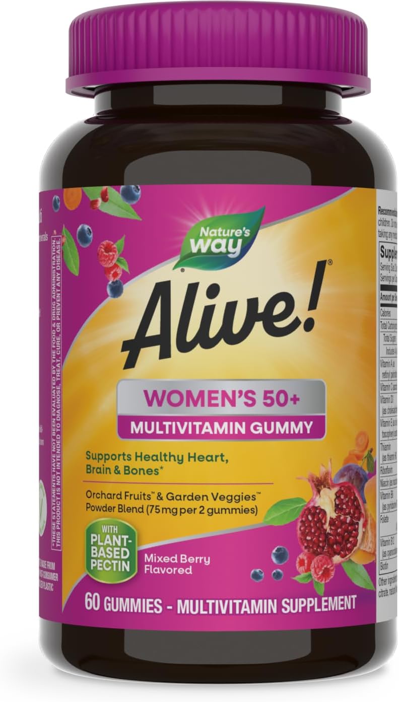 Nature'S Way Alive! Women’S 50+ Gummy Multivitamin, Supports Multiple Body Systems*, Supports Healthy Heart, Brain & Bones*, B-Vitamins, Mixed Berry Flavored, 60 Gummies (Packaging May Vary)