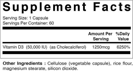 Vitamatic Vitamin D3 50,000 IU (as Cholecalciferol), Once Weekly Dose, 1250 mcg, 60 Veggie Capsules 1 Year Supply, Progressive Formula Helping Vitamin D Deficiencies (60 Count (Pack of 1))