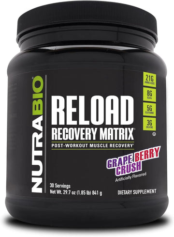 NutraBio Reload - Powerful Muscular Recovery Formula - Post-Workout Supplement - 3G Creatine - 8G BCAAs - 5G Glutamine - 30 Servings, Grape Berry Crush