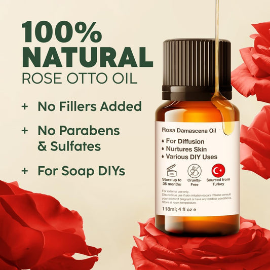 Kukka Rose Essential Oil - 100% Pure Natural Rose Oil For Skin Hair Diffuser & Soap Making Scent - Premium Quality Rose Otto Oil That Smells Like Fresh Roses (0.34 Fl Oz)