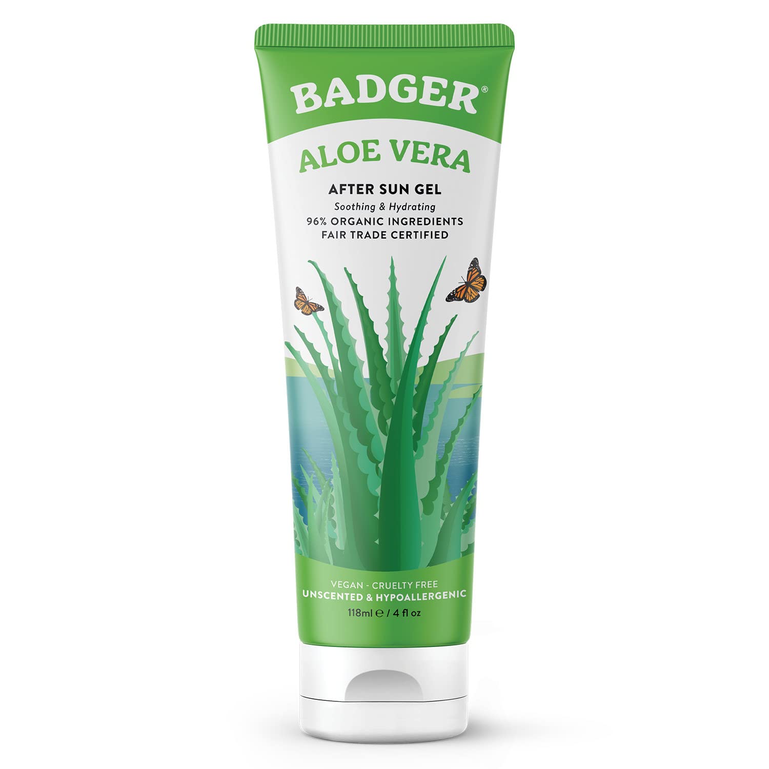 Badger Aloe Vera Gel For Sunburn Relief, Fair Trade & Organic After Sun Care, Pure Cooling Soothing Aloe Vera Gel For Face & Skin, Hypoallergenic & Unscented, 4 Fl Oz