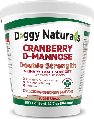 Cranberry D-Mannose for Dogs and Cats Urinary Tract Infection Support Prevents and Eliminates UTI, Bladder Infection Kidney Support, Antioxidant (Double Strength Soft Chew, 120 Soft Chew)