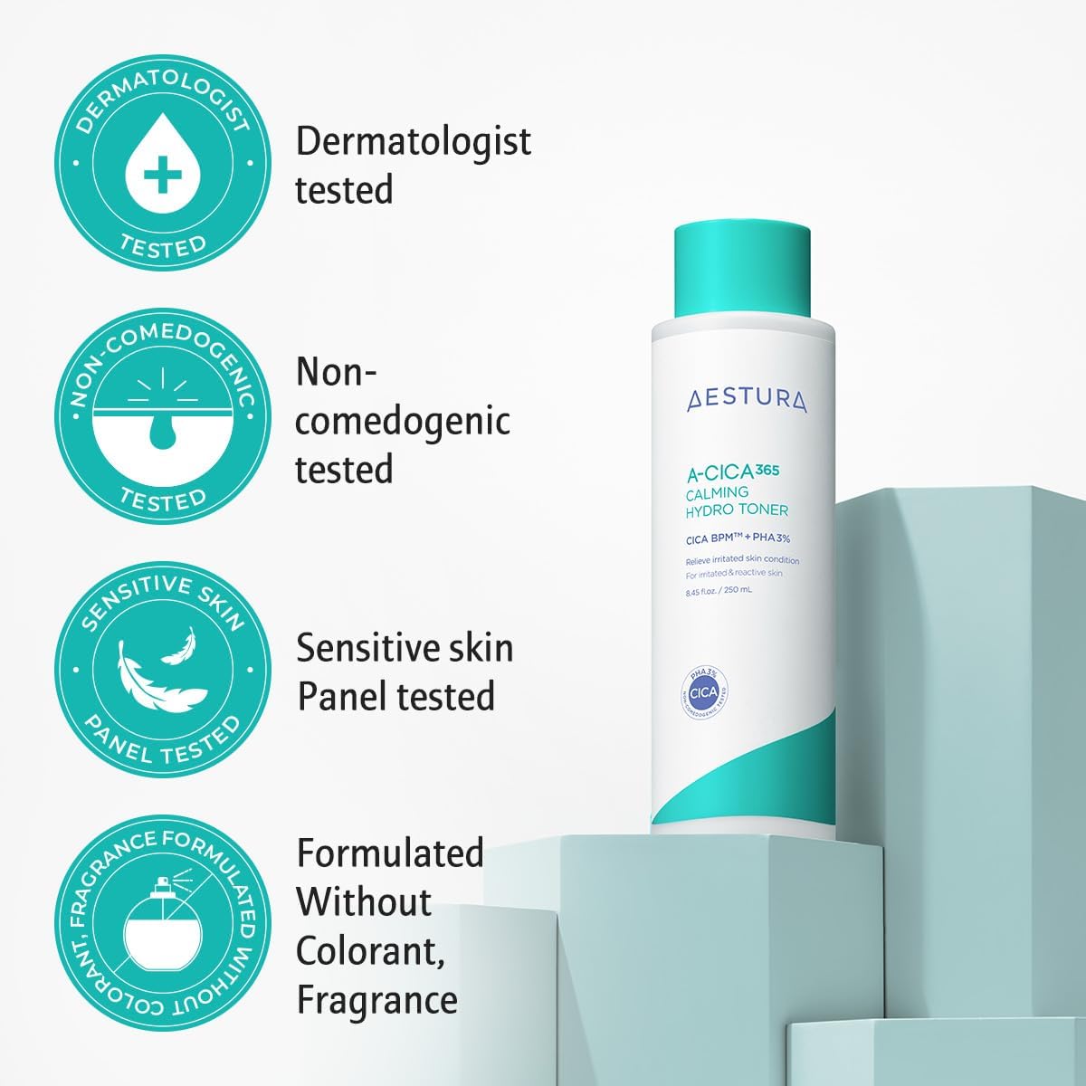 Aestura A-Cica365 Calming Hydro Toner, Daily Soothing Toner For Sensitive Skin, Cica Bpm Complex, Pha 3%, Dead Skin Cell Care, Dermatologist Tested, Korean Skin Care, 8.56 Fl Oz