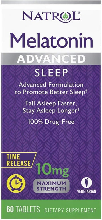 Natrol Melatonin Advanced Sleep Tablets with Vitamin B6, Helps You Fall Asleep Faster, Stay Asleep Longer, 2-Layer Controlled Release, 100% Drug-Free, 10mg, 60 Count